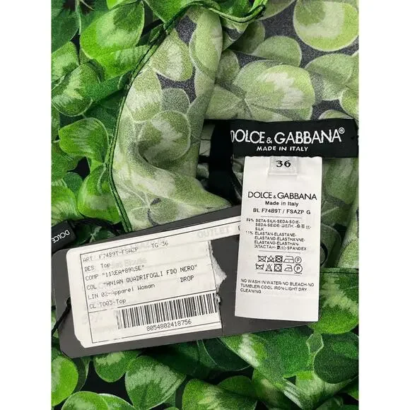 NWT Dolce & Gabbana Green Clover Print Blouse Silk IT 38 XS - Picture 7 of 7